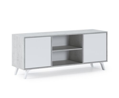 Skraut Home - Mueble TV 140 con 2 puertas, salón comedor, Modelo WIND, color estructura CEMENTO, color puertas Blanco Mate, medidas 137x40x57cm de altura.