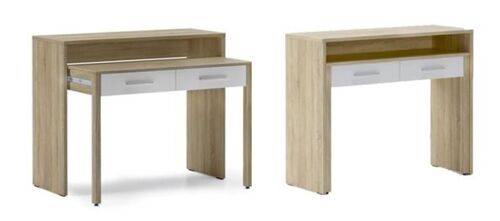 Skraut Home - Mesa escritorio extensible, mesa estudio consola, acabado roble/blanco, medidas: 98,6x86,9x36- 70 cm de fondo