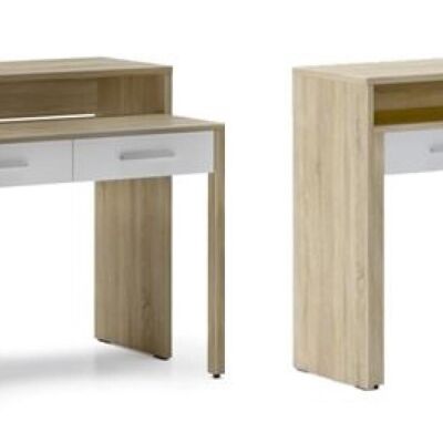Skraut Home – Ausziehbarer Schreibtischtisch, Konsolentisch, Eichen-/Weiß-Finish, Maße: 98,6 x 86,9 x 36 – 70 cm tief