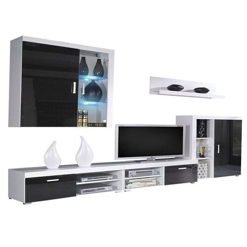 Skraut Home - Mueble comedor, salon moderno con Leds, acabado en Negro Brillo Lacado y Blanco Mate, medidas: 290x200x45 cm de fondo
