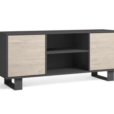 Skraut Home – 140 TV-Schrank mit 2 Türen, Wohnzimmer, Modell WIND, Strukturfarbe Anthrazitgrau, Türfarbe Eiche, Maße 137 x 40 x 57 cm hoch.