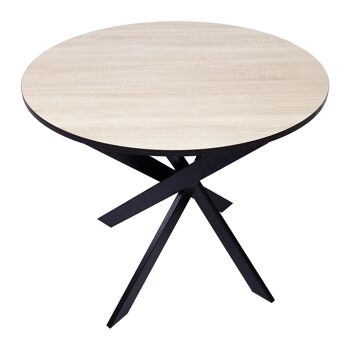 Accueil | Table à manger ronde fixe | Modèle Zen | 90x90x77cm | Capacité jusqu'à 4 personnes | Matériaux résistants | Finition chêne et bord noir avec pieds en métal laqué noir mat 1