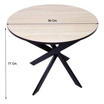 Accueil | Table à manger ronde fixe | Modèle Zen | 90x90x77cm | Capacité jusqu'à 4 personnes | Matériaux résistants | Finition chêne et bord noir avec pieds en métal laqué noir mat 2