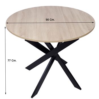 Accueil | Table à manger fixe ronde | Modèle Zen | 90x90x77cm | Capacité jusqu'à 4 personnes | Matériaux résistants | Finition bois de chêne avec pieds en métal laqué noir mat 2