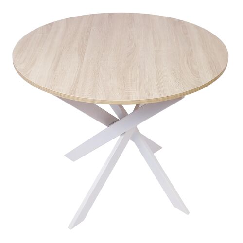 Skraut Home | Mesa de comedor fija redonda | Modelo Zen | 90 x 90 x 77 cm | Capacidad hasta 4 personas | Materiales resistentes | Acabado madera color roble con patas metálicas blanco lacado mate