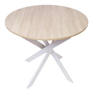 Skraut Home | Round fixed dining table | Zen Model | 90x90x77cm | Capacity up to 4 people | Resistant materials | Oak wood finish with matte lacquered white metal legs