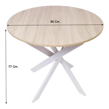 Accueil | Table à manger fixe ronde | Modèle Zen | 90x90x77cm | Capacité jusqu'à 4 personnes | Matériaux résistants | Finition bois de chêne avec pieds en métal laqué blanc mat 2