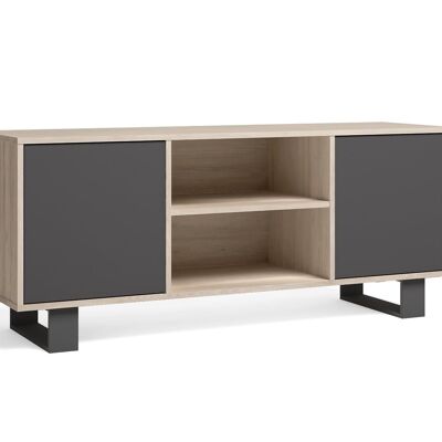 Skraut Home - Mueble TV 140 con 2 puertas, salón comedor, Modelo WIND, color estructura Roble, color puertas Gris Antracita, medidas 137x40x57cm de altura.