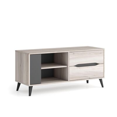 Skraut Home - 110 TV cabinet, 2 drawers + 1 door, living room, KAI model, oak color, gray, measurements 113x40x52 cm high.
