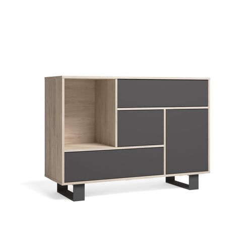 Skraut Home - Aparador salón Comedor, Mueble Auxiliar Buffet WIND 1 Puerta, 3 cajones, Color estructura Roble y color puerta y cajones Gris Antracita, 120x40x86cm.