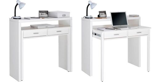 Skraut Home - Mesa escritorio extensible, mesa estudio consola, acabado blanco, medidas: 98,6x86,9x36- 70 cm de fondo