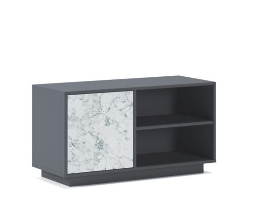 Skraut Home - Mueble TV 100 con puerta izquierda, salón comedor, Modelo MARMOL, color estructura GRIS GRAFITO, color puerta MARMOL BLANCO MATE, medidas 95x40x51cm de altura.