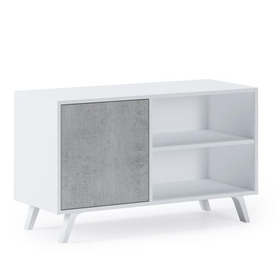 Skraut Home - 100 TV cabinet with left door, living room, WIND model, MATTE WHITE structure color, CEMENT door color, measurements 95x40x57cm high.