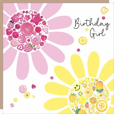 Tarjeta de cumpleaños con flores y botón de niña de cumpleaños