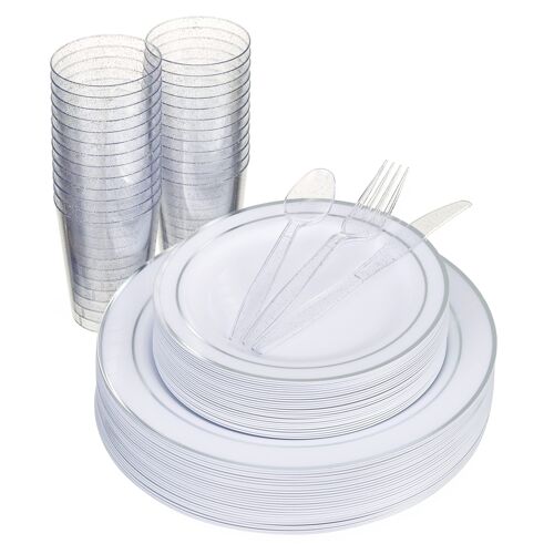 150pc Multi-Use Silver Rim Dinner Party Set