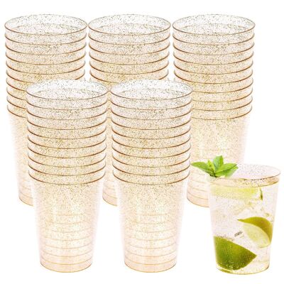 50 Vasos de Plástico Multiusos con Purpurina Dorada (275ml)