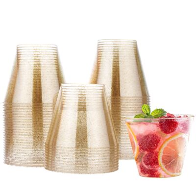 60 Vasos de Plástico Multiusos con Purpurina Dorada (270ml)