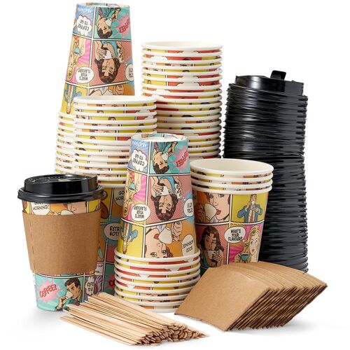 80 Premium Comic Style Coffee Cups with Lids, Sleeves & Stirrers