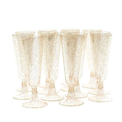 100 Multi-Use Plastic Champagne Flutes with Gold Glitter (150ml)