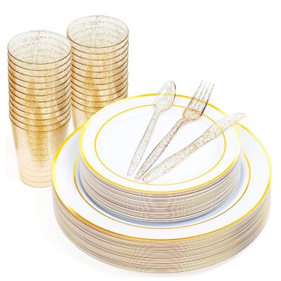 150pcs Multi-Use Party Tableware Set in Gold Glitter