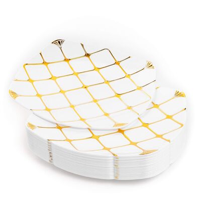 20 platos llanos de plástico multiusos con estampado dorado (25 cm)