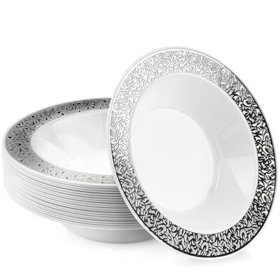 20 Multi-Use Plastic Party Bowls with Silver Lace Rim (18cm)