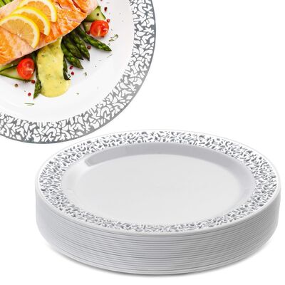 20 platos de plástico multiusos con borde de encaje plateado (18 cm)