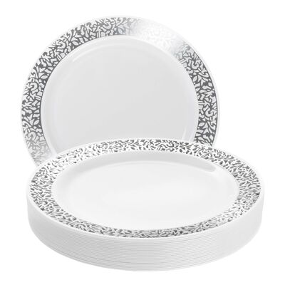 20 Multi-Use Plastic Plates with Silver Lace Rim Detail (26cm)