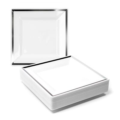 20 Square Multi-Use Plastic Silver Rim Plates (16.5cm)