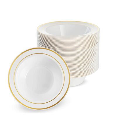 25 Multi-Use Plastic Bowls with Gold Rim (19cm)