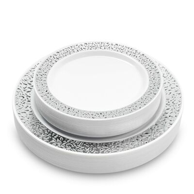 40 Multi-Use Silver Lace Rim Dinner Plate Set