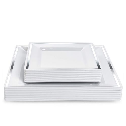40 Square Multi-Use Plastic Silver Rim Plate Set