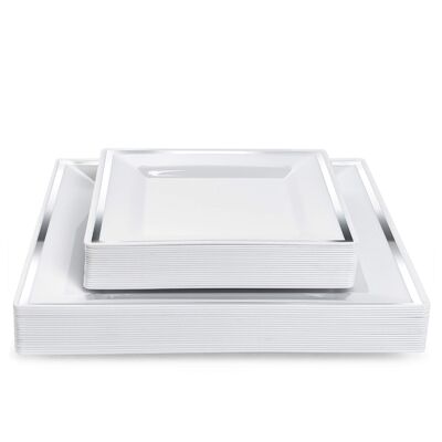 40 Square Multi-Use Plastic Silver Rim Plate Set