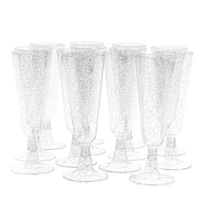 50 Multi-Use Plastic Champagne Flutes Silver Glitter (150ml)