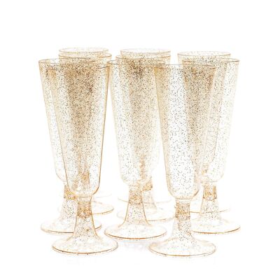 50 Multi-Use Plastic Champagne Flutes with Gold Glitter (150ml)