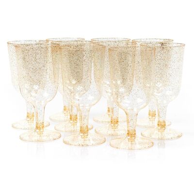 50 Multi-Use Plastic Gold Glitter Wine Glasses (150ml)