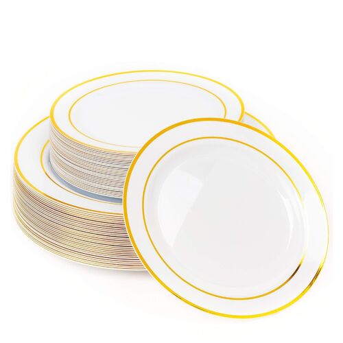60 Gold Rimmed Multi-Use Plastic Plate Set