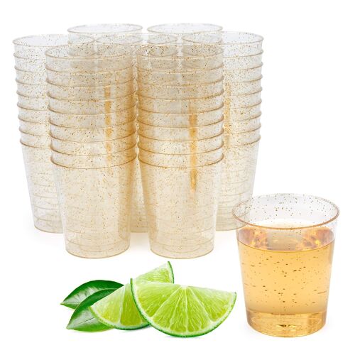 Multi-Use Plastic Shot Party Glasses with Gold Glitter (60ml)