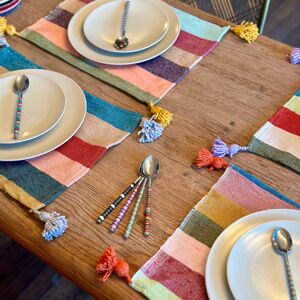 Sets de table en coton rayé multicolore avec pompons