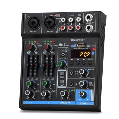 M4 Professioneller Audiomixer, Soundkarte, Konsolenschnittstellensystem, 4 Kanäle, USB, digital, Bluetooth, MP3-Computereingang, 48 V Phantomspeisung, Stereo-DJ-Studio-Streaming