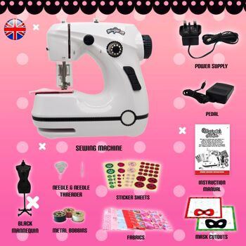 Machine à Coudre Miniature de Marinette - Miraculous Ladybug pour Enfants, Double Vitesse avec Tissus, Mannequin , Masques à découper, Pédale (Wyncor) - Version UK : M02108 - Adaptateur Royaume Uni ou Piles 4
