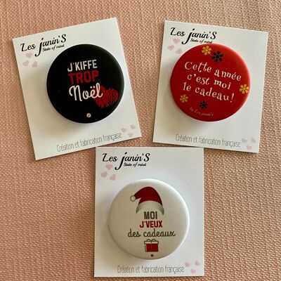 3 Badges épingles 45mm messages "Noël"  Funs et colorés
