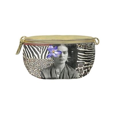 Leather Waist Bag with Shiny Effect and Frida Kahlo Print