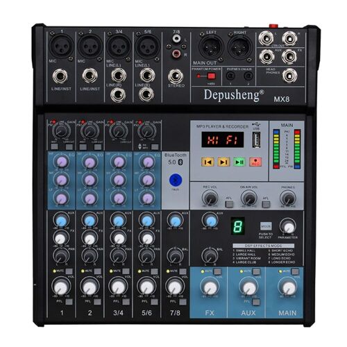 MX8 Professional Audio Mixer Sound Board Console 8-Channel DJ Controller Sound Mixer w/ 3-Band EQ, USB Recording Interface, Bluetooth, 48V Phantom Power, Ideal For Live Streaming