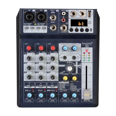 DE8 Audiomixer 8-KANAL PROFESSIONELLER DJ-Soundcontroller, Schnittstelle mit USB-Soundkarte für PC-Aufnahmen, XLR-Mikrofonbuchse, 5-V-USB-Stromanschluss, PAD, FX 16Bit DSP