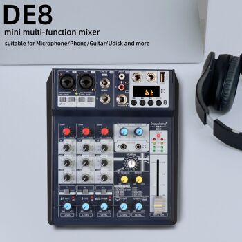 DE8 Mélangeur audio Contrôleur de son DJ professionnel 8 canaux, interface avec carte son USB pour enregistrement sur PC, prise microphone XLR, connexion d'alimentation USB 5 V, PAD, FX 16 bits DSP 2