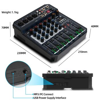 Mélangeur audio T6 Interface de contrôleur de son DJ 6 canaux avec carte son USB pour enregistrement sur PC, prise microphone XLR PLUS prise casque, connexion d'alimentation USB 5 V, processeur DSP FX 16 bits 3