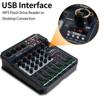 Mélangeur audio T6 Interface de contrôleur de son DJ 6 canaux avec carte son USB pour enregistrement sur PC, prise microphone XLR PLUS prise casque, connexion d'alimentation USB 5 V, processeur DSP FX 16 bits 7