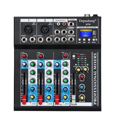 Console DJ digitale portatile professionale compatibile con Bluetooth HT4 con schede di mixaggio interfaccia audio mixer a 4 canali USB per registrazione in studio, nero