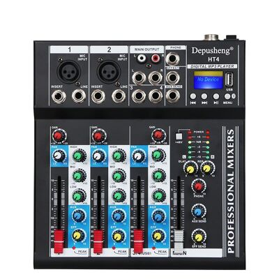 HT4 Bluetooth Compatible Professional Portable Digital DJ Console w/USB 4 Channel Mixer Audio Interface-Mixing Boards For Studio Recording,Black
